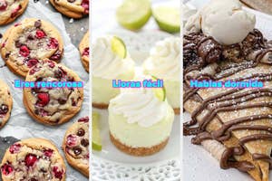 Tres platos de postres alineados verticalmente. Izquierda: galletas con arándanos y chispas de chocolate con texto "Eres rencorosa". Centro: tartas de limón con merengue con texto "Lloras fácil". Derecha: crepas de chocolate con helado y crema con texto "