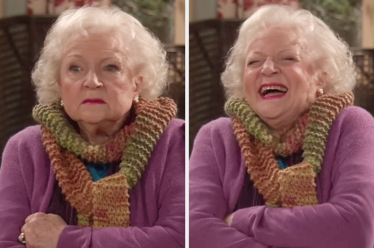 Betty White is shown in two side-by-side images, wearing a knitted scarf and a purple top. In the first image, she looks pensive; in the second, she is laughing joyously