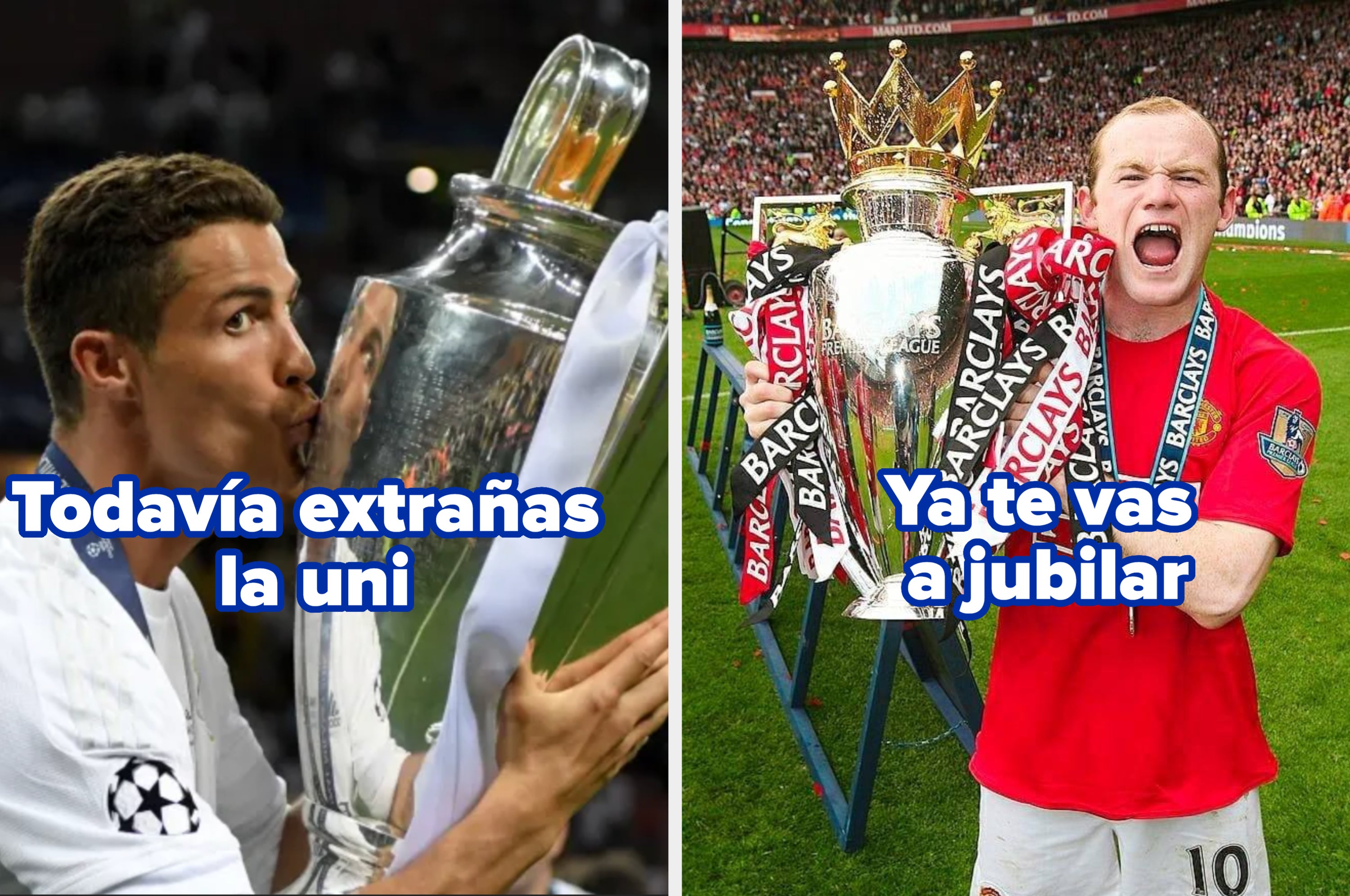 Cristiano Ronaldo y Wayne Rooney celebrando con trofeos. Texto: "Adivinamos tu edad por tus jugadores favoritos"