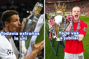 Cristiano Ronaldo y Wayne Rooney celebrando con trofeos. Texto: "Adivinamos tu edad por tus jugadores favoritos"