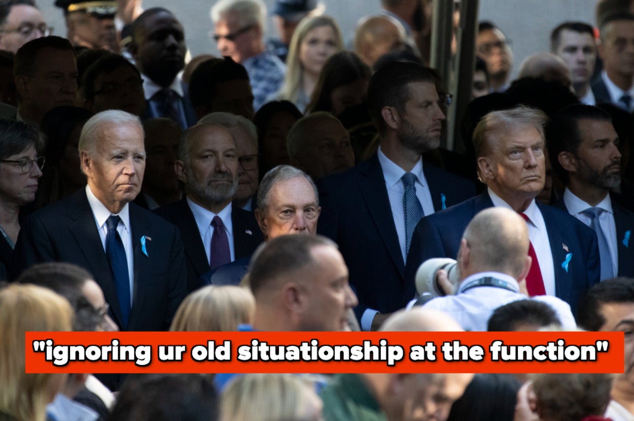 Joe Biden, Michael Bloomberg, and Donald Trump stand among a crowd at a formal event. Text overlay reads, "ignoring ur old situationship at the function."