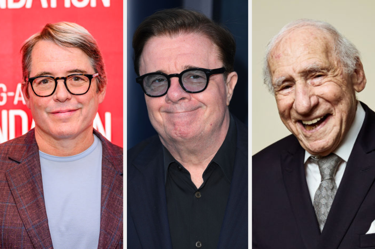 Matthew Broderick, Nathan Lane, and Mel Brooks smiling in separate side-by-side images