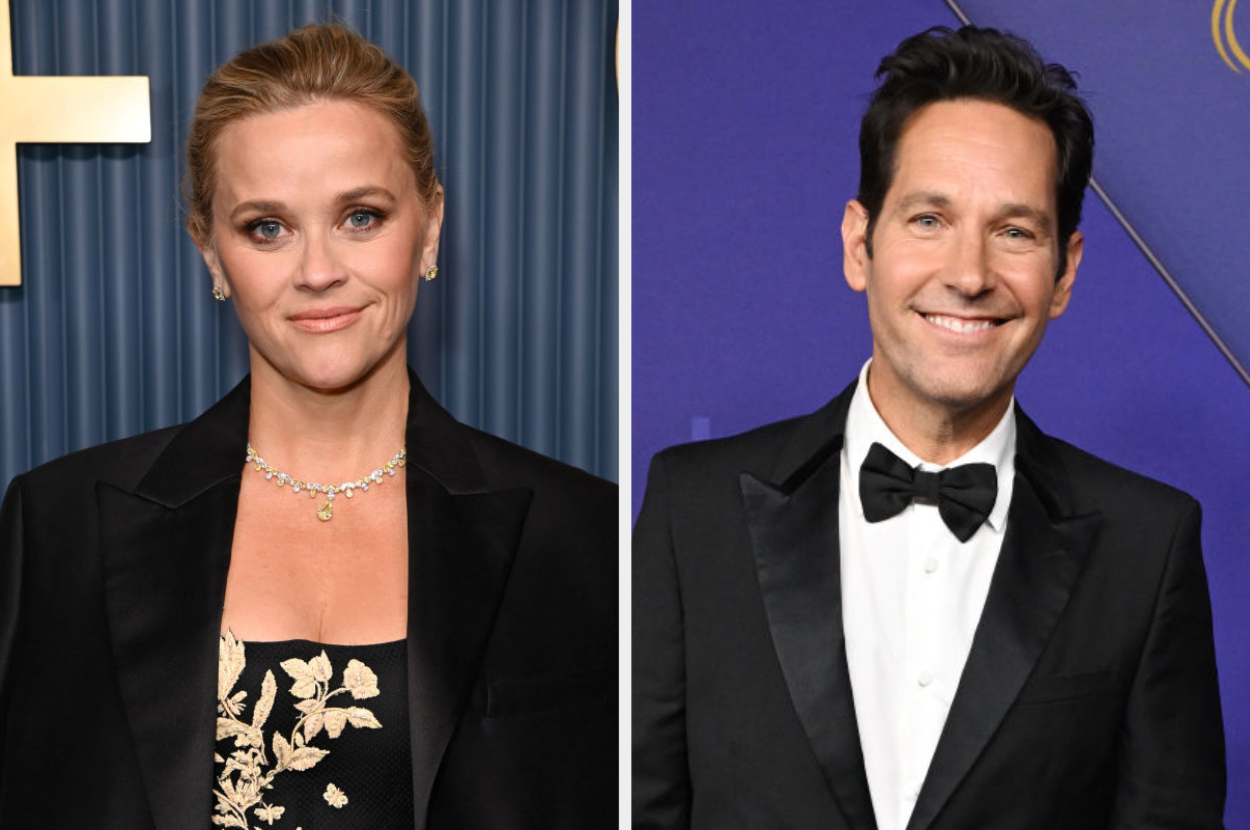 Reese Witherspoon in a floral dress and black blazer, and Paul Rudd in a black tuxedo with a bow tie, posing at separate events