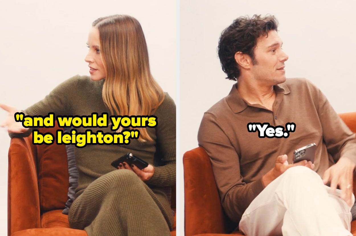 Kristen Bell and Adam Brody sit on a couch, holding phones. Kristen asks, "and would yours be leighton?" Adam responds, "Yes."
