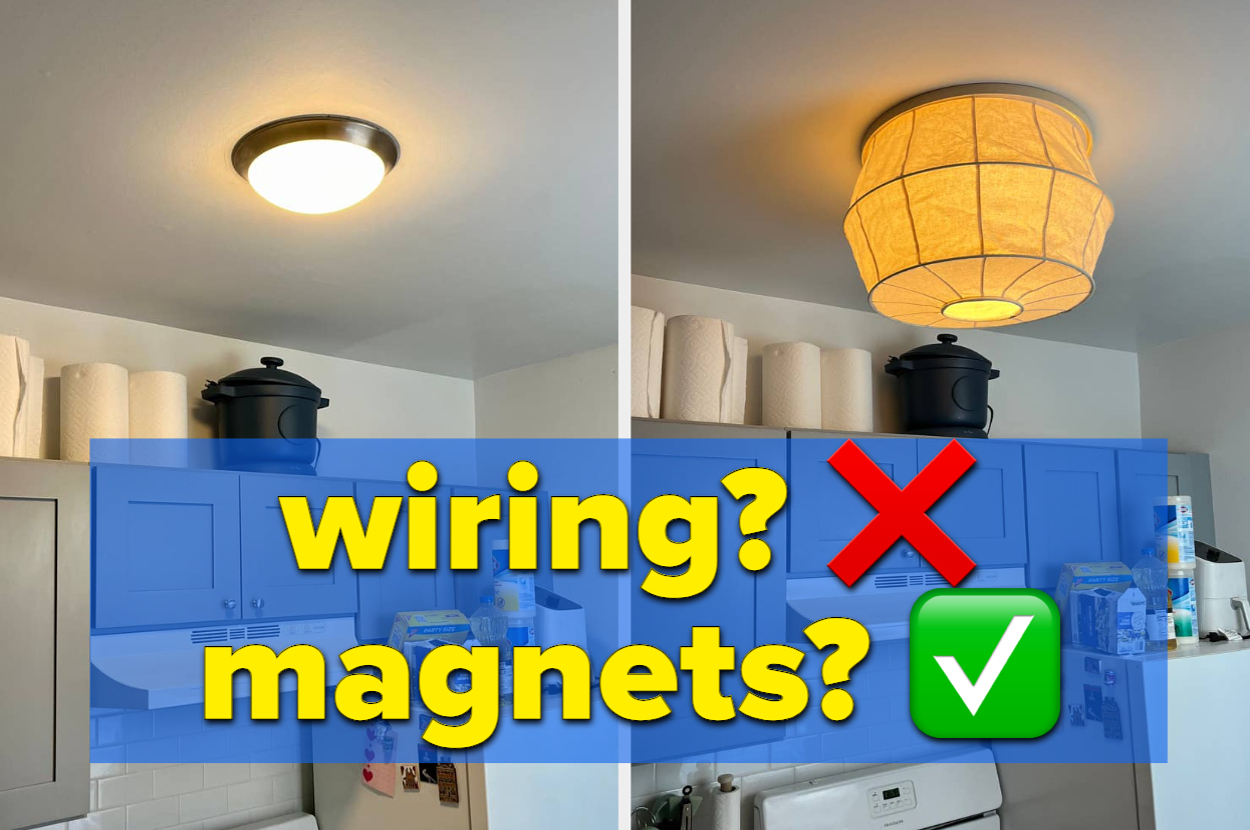 Before: overhead light with standard fixture; After: paper lantern-style light using magnets with no wiring needed