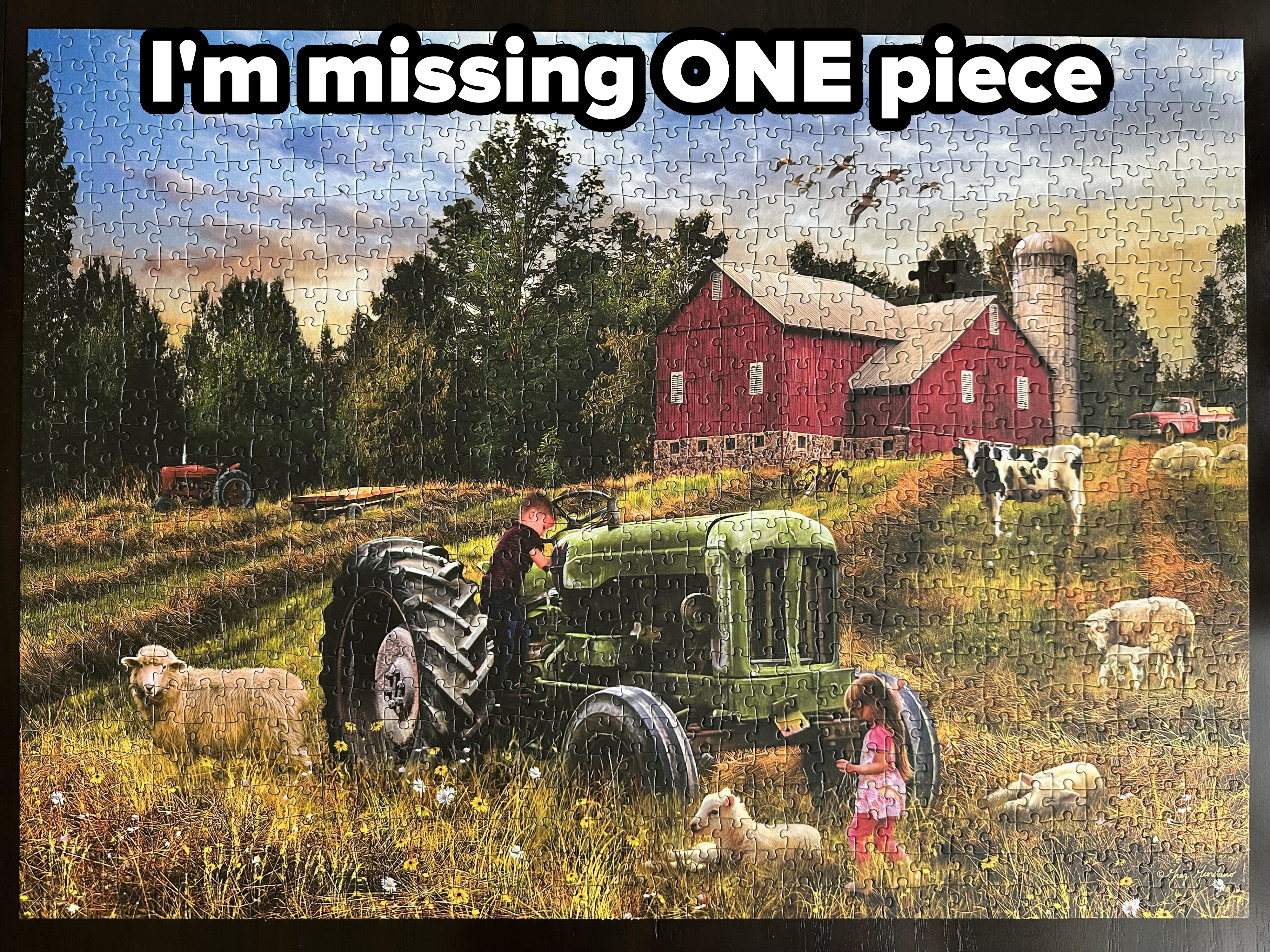 A puzzle image shows pastoral farm scene with children near an old tractor, sheep, cows, a red barn, silo, and a distant tractor in a grassy field