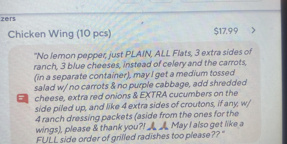 Image of an online food order for 10 chicken wings; order specifies detailed modifications, extra sides, and asks about grilled radishes; total is $17.99
