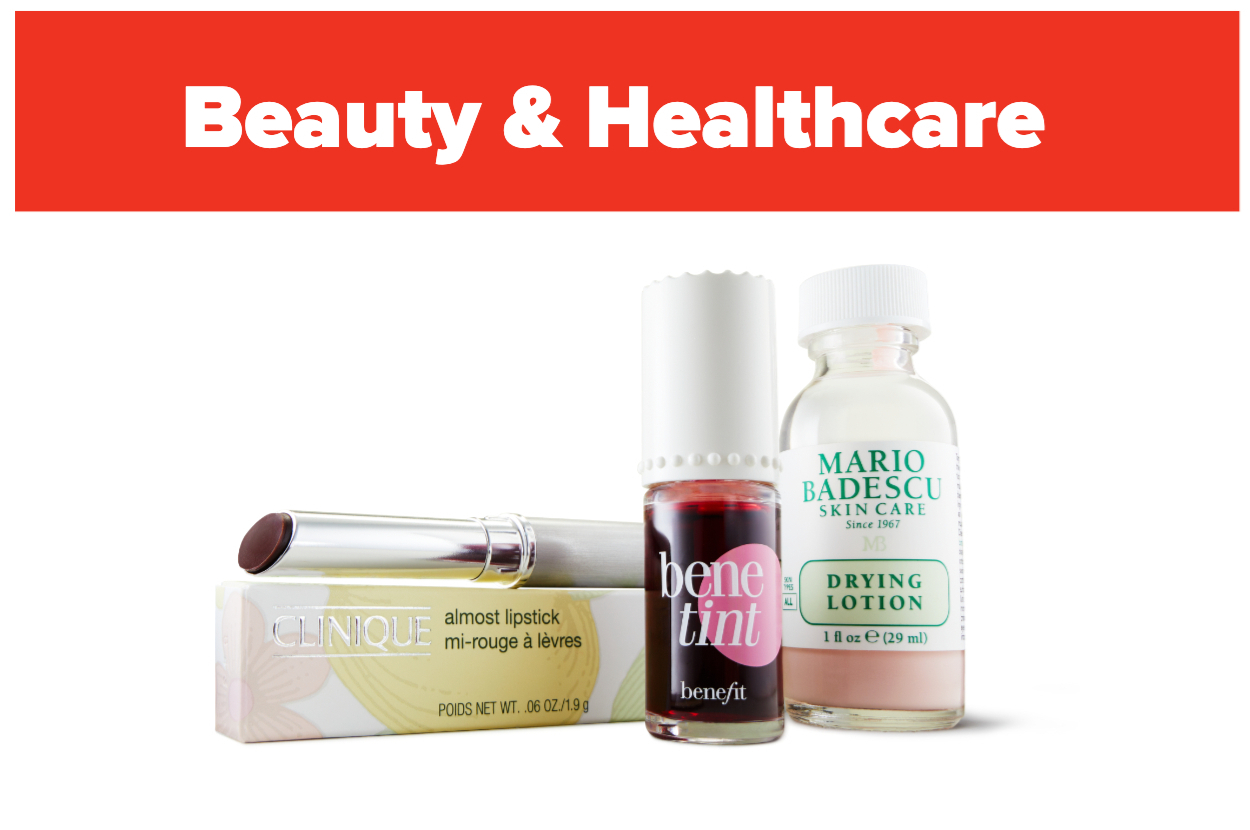 Beauty and healthcare products include Clinique Almost Lipstick, Benefit Benetint, and Mario Badescu Drying Lotion