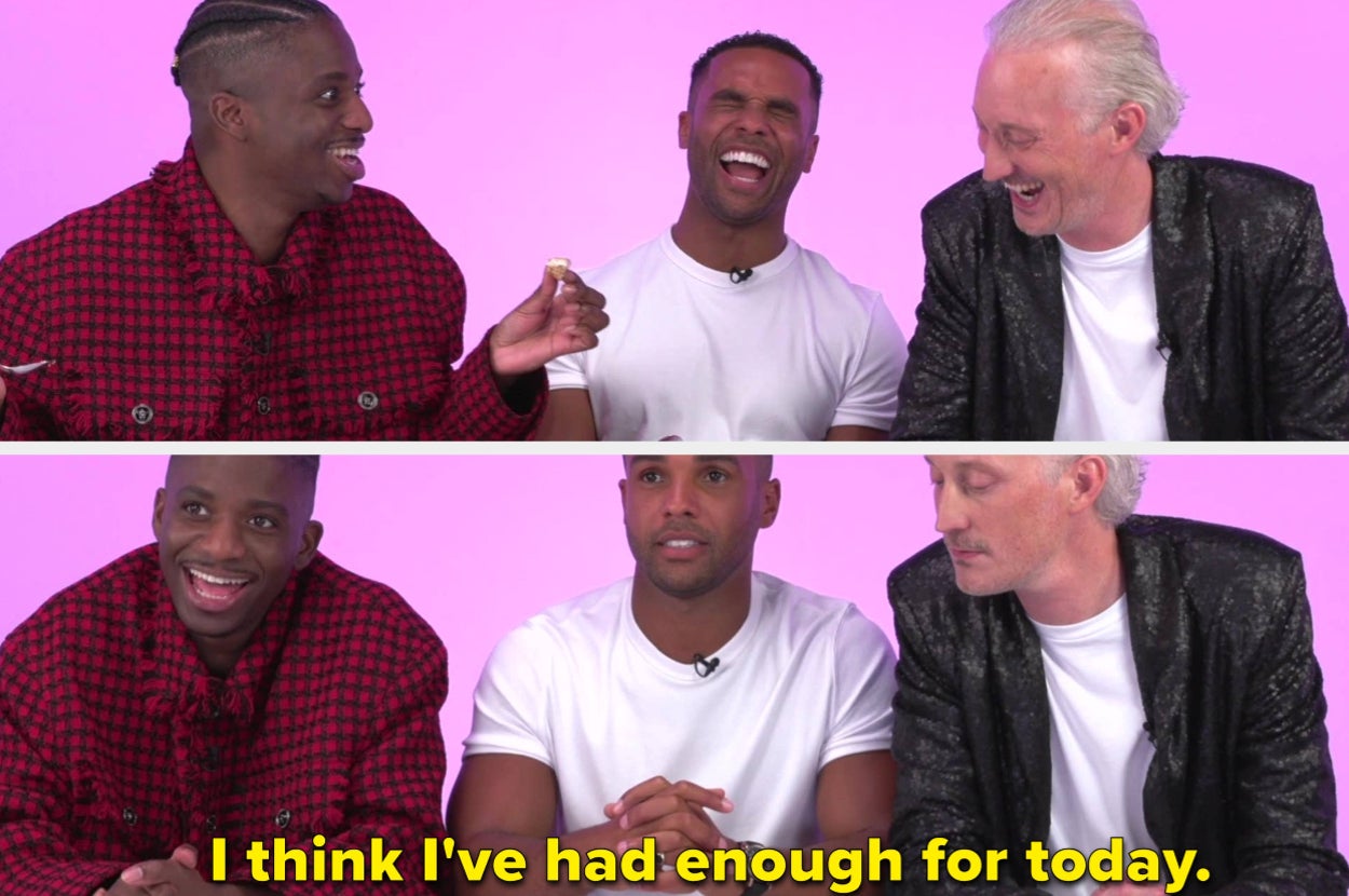 From left to right, Ncuti Gatwa, Jonathan Bailey, and John Bishop smiling, laughing, and making gestures in a light-hearted moment. Text below reads, "I think I've had enough for today."