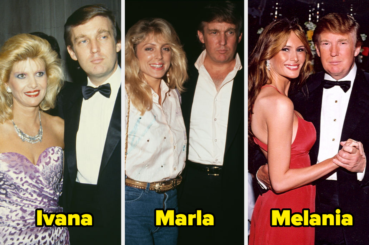 Ivana, Marla, and Melania are pictured with Donald Trump. Ivana wears a strapless dress, Marla is in casual attire, and Melania wears an elegant red gown