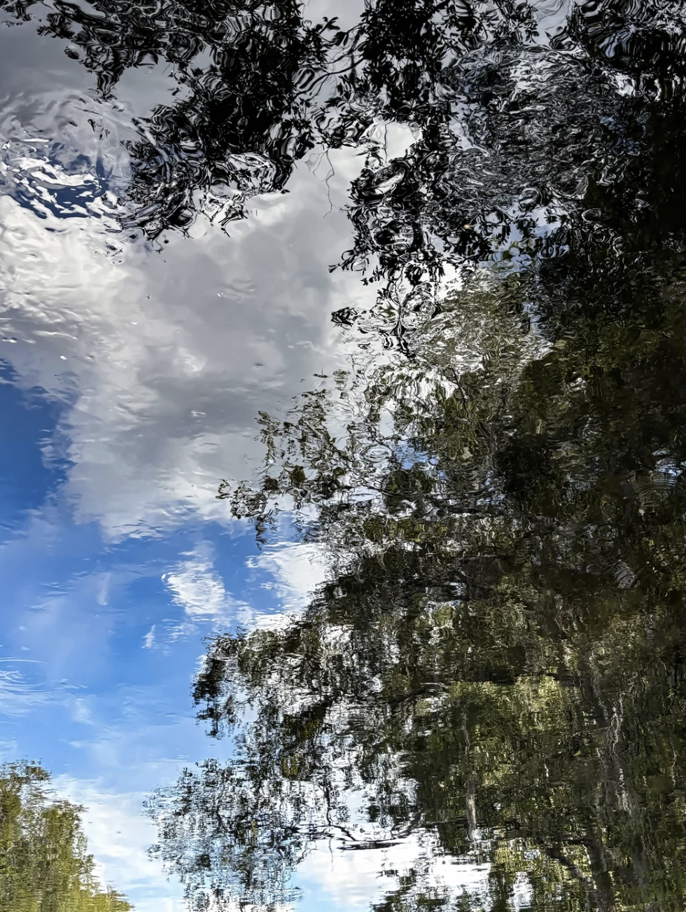 Reflection of trees and clouds on a calm, rippling water surface set against a clear blue sky