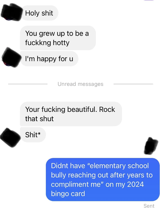 Text conversation with messages including compliments and reactions between acquaintances. One message humorously mentions an unexpected interaction with an elementary school bully