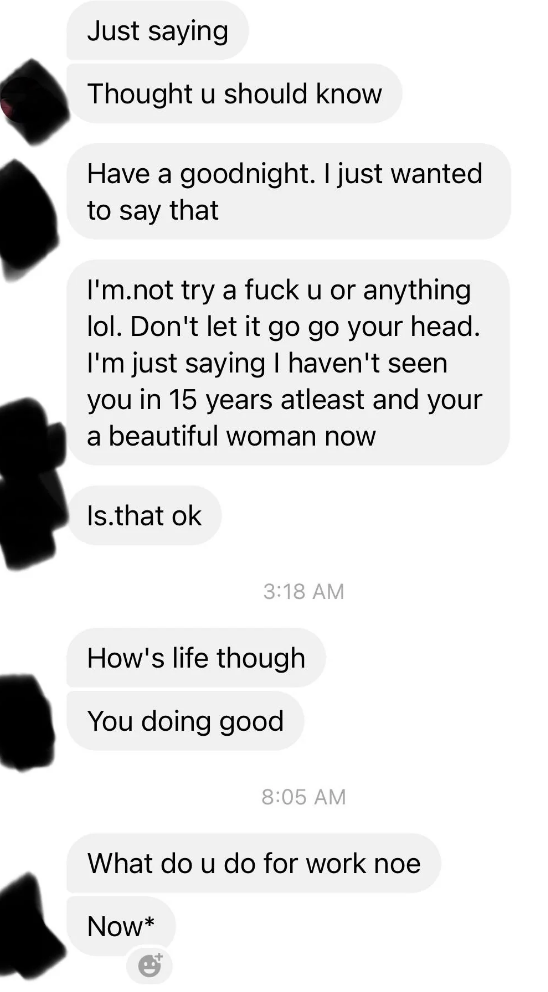 Text exchange discussing casual remarks, complimenting someone&#x27;s growth over 15 years, and asking about their well-being and work