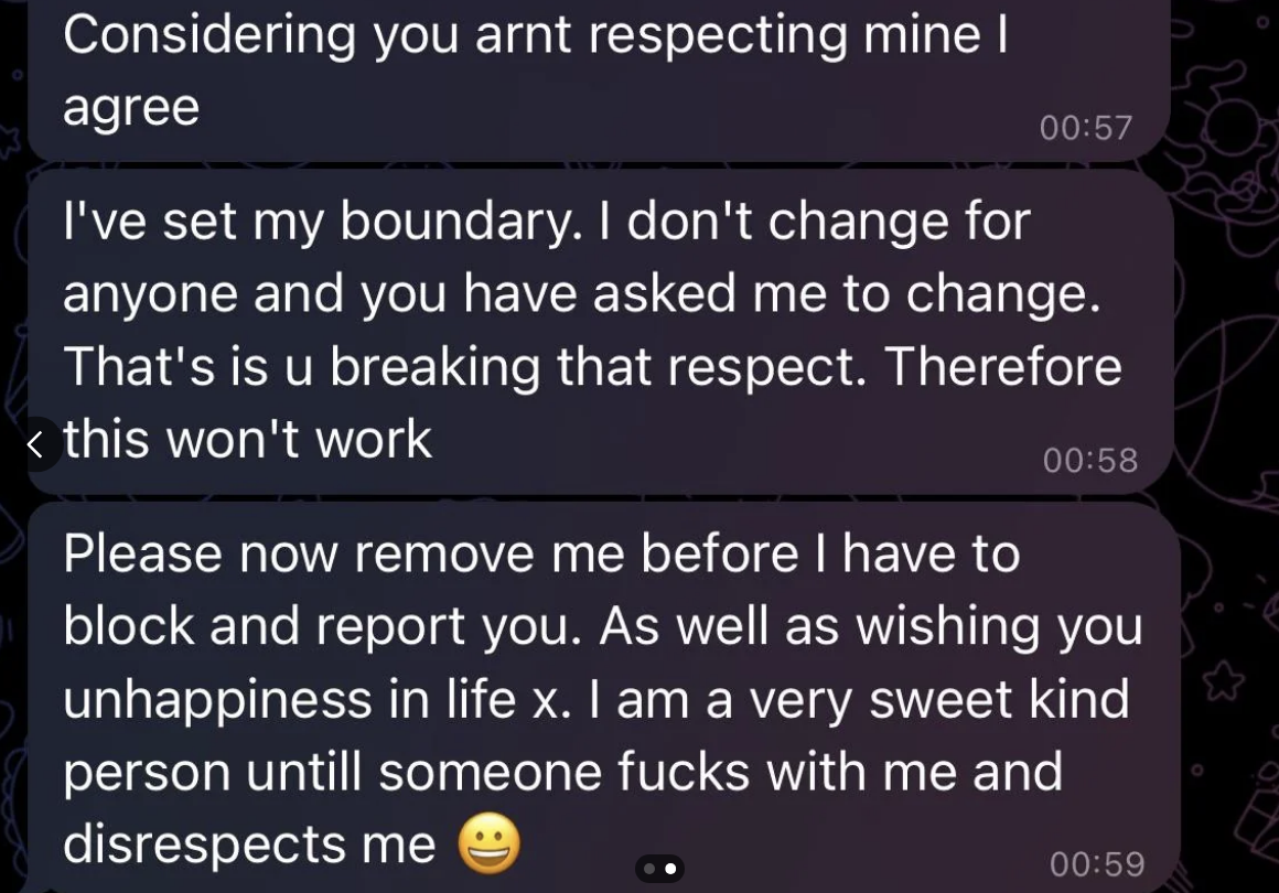 Text conversation with someone setting boundaries and asking to be removed before resorting to blocking and reporting. Ends with a smiley emoji