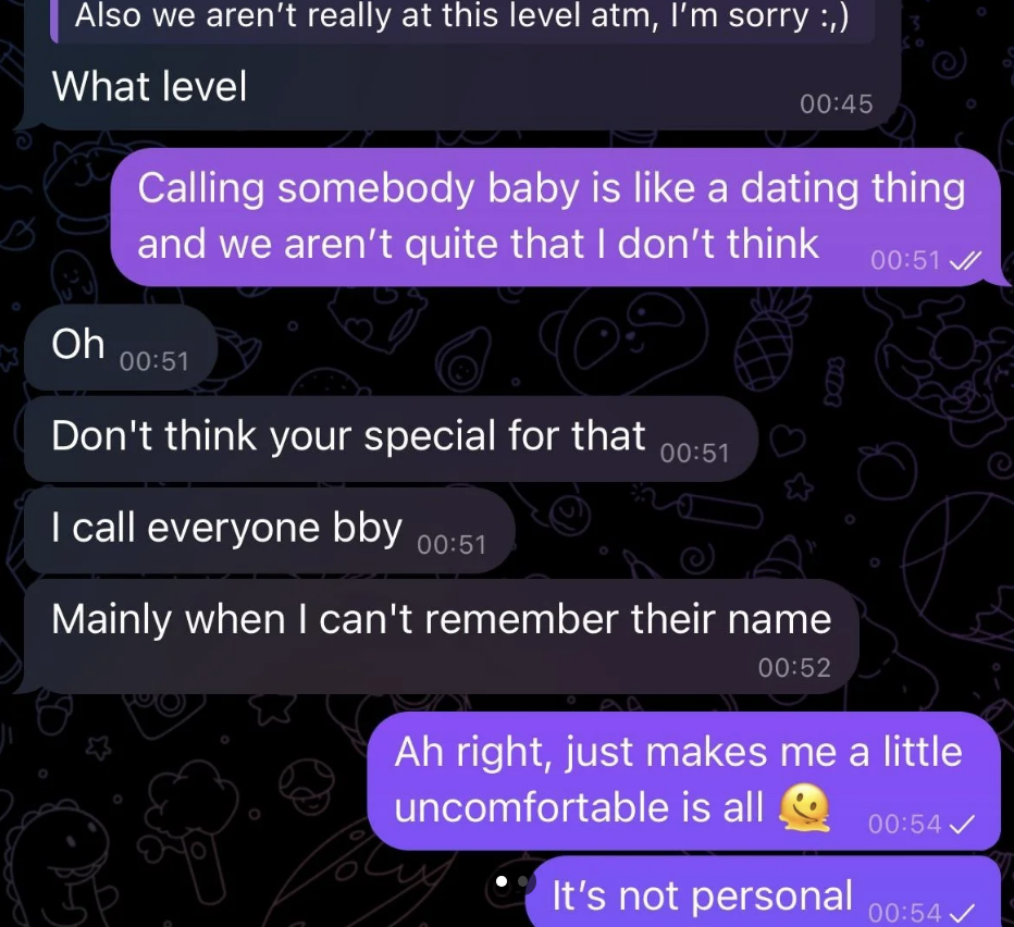 Screenshot of a text exchange where one person expresses discomfort with being called &quot;baby,&quot; and the other person explains they call everyone &quot;baby&quot; when forgetting names