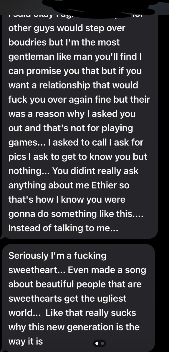 Text message conversation discussing boundaries and relationships, expressing frustration with lack of communication and the state of current generation relationships