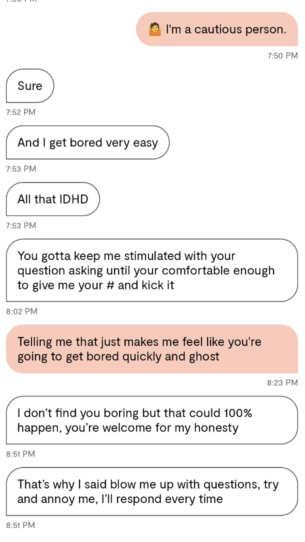 Text conversation summary: &quot;Person A and Person B discuss needs for maintaining engagement and concerns about ghosting due to boredom.&quot;