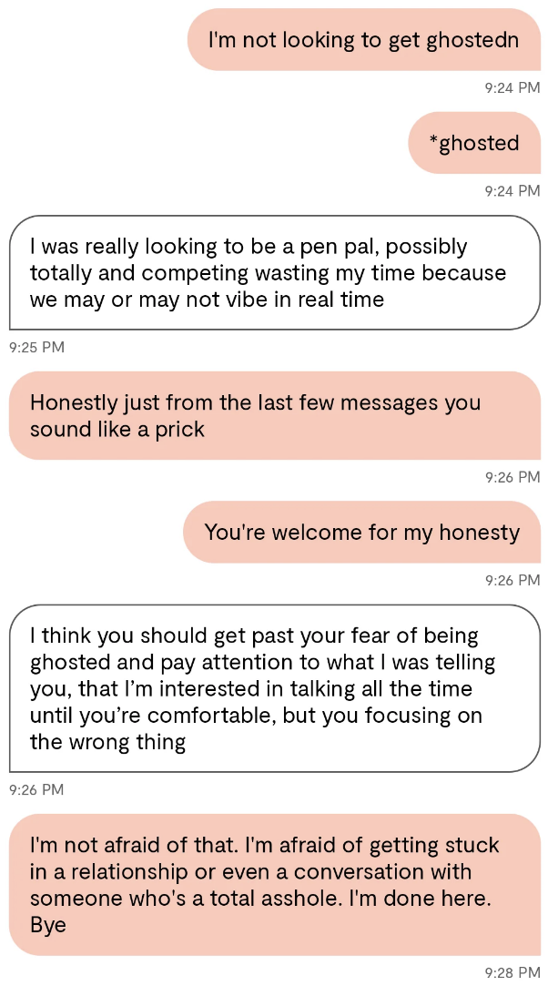 A text conversation covers topics of ghosting and relationship fears, ending with one person expressing frustration and ending the conversation