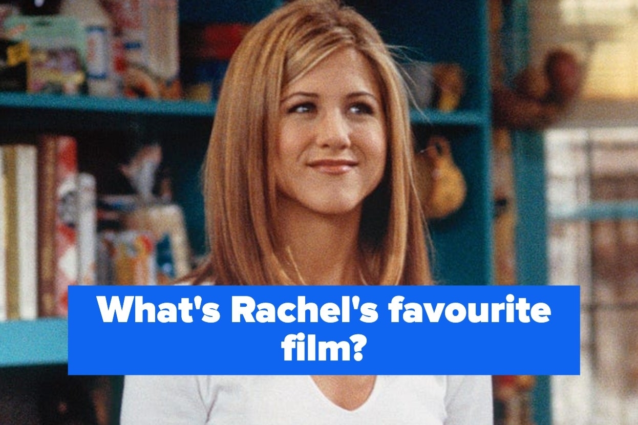 A woman with shoulder-length hair smiles in a kitchen-like setting with a question in text overlay: "What's Rachel's favourite film?"