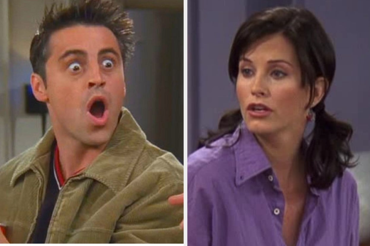 Matthew LeBlanc as Joey Tribbiani and Courteney Cox as Monica Geller in shocked and curious expressions, respectively, on the set of "Friends."