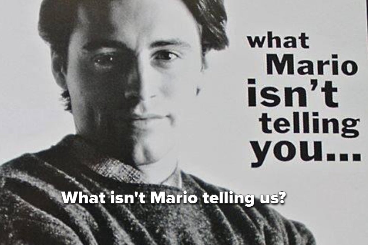 A man looks at the camera with text surrounding him that reads, "what Mario isn't telling you&hellip; What isn't Mario telling us?"