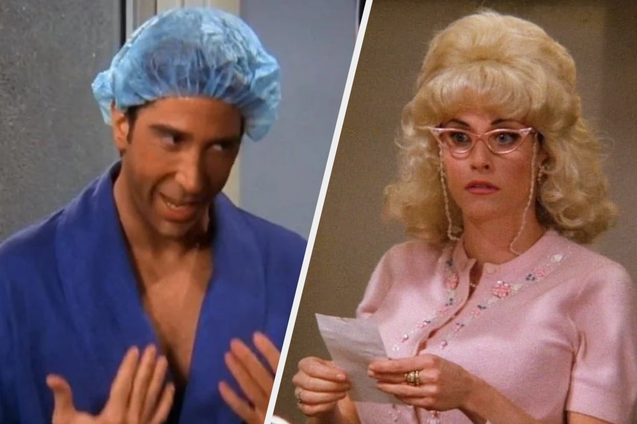 David Schwimmer in a blue bathrobe with a shower cap and Lisa Kudrow with curly blonde hair, glasses, and a pink cardigan in a scene from "Friends"