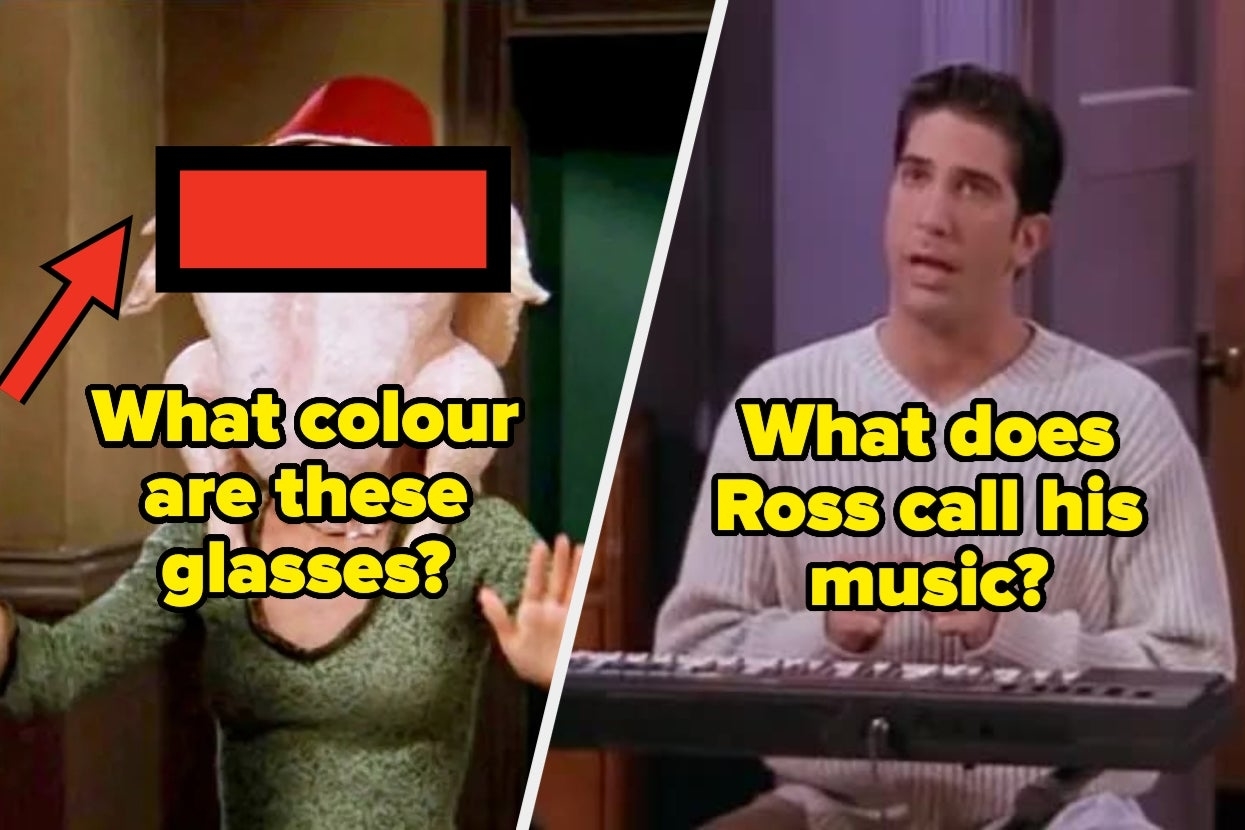 Two stills from Friends. Left, Joey wearing a turkey on his head with hidden sunglasses, text: "What colour are these glasses?" Right, Ross playing keyboard, text: "What does Ross call his music?"