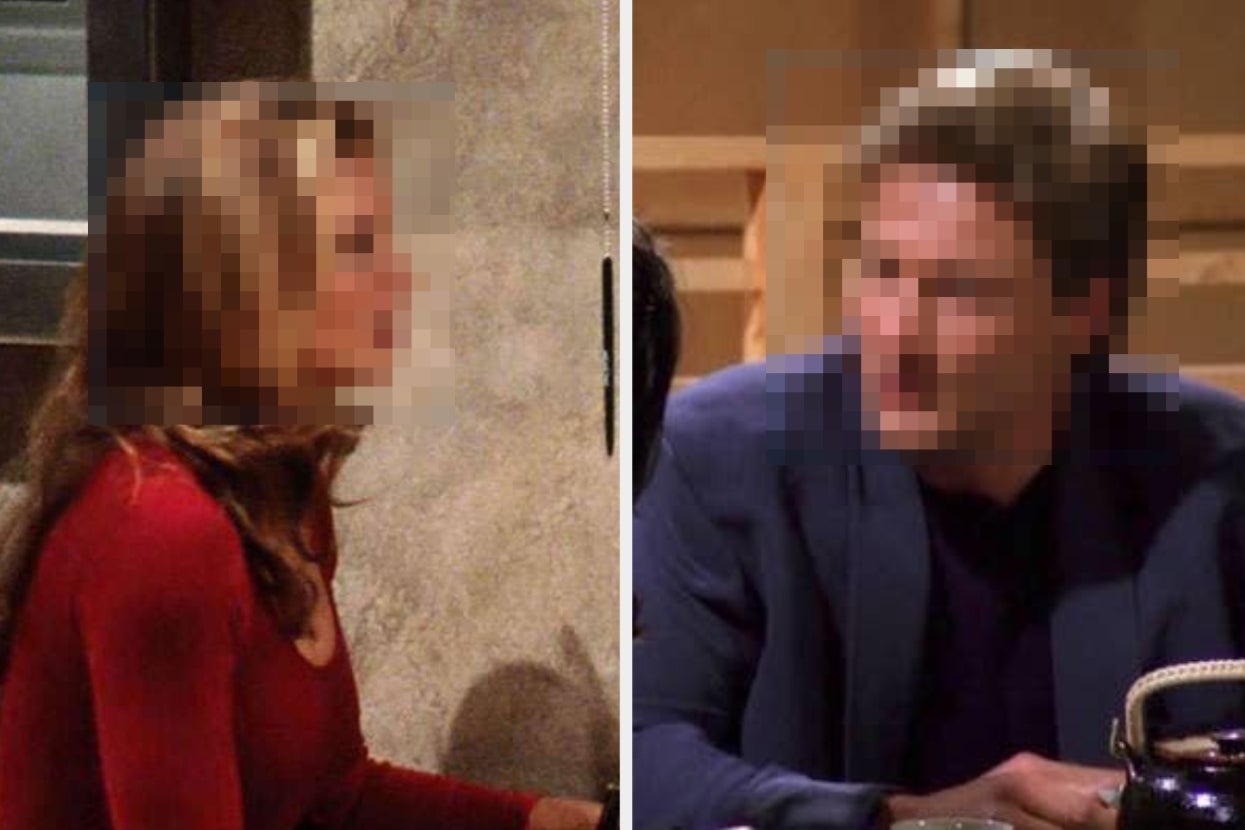 Unknown individuals in a split-screen image, possibly from a TV show scene. The left person wears casual attire, while the right person is in a suit