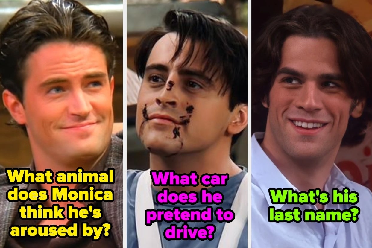 Image showing Chandler Bing, Joey Tribbiani, and a character from the TV show "Friends" with text prompts: "What animal does Monica think he's aroused by?", "What car does he pretend to drive?", and "What's his last name?"