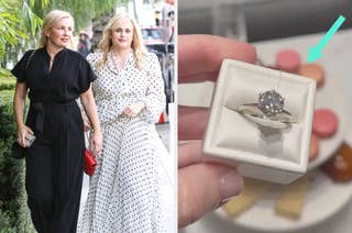 Rebel Wilson and Ramona Agruma walking together outdoors vs Rebel Wilson holding a diamond engagement ring in a jewelry box
