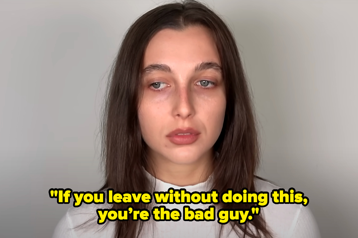 Emma Chamberlain with a neutral expression, quote text overlay reads: "If you leave without doing this, you're the bad guy."