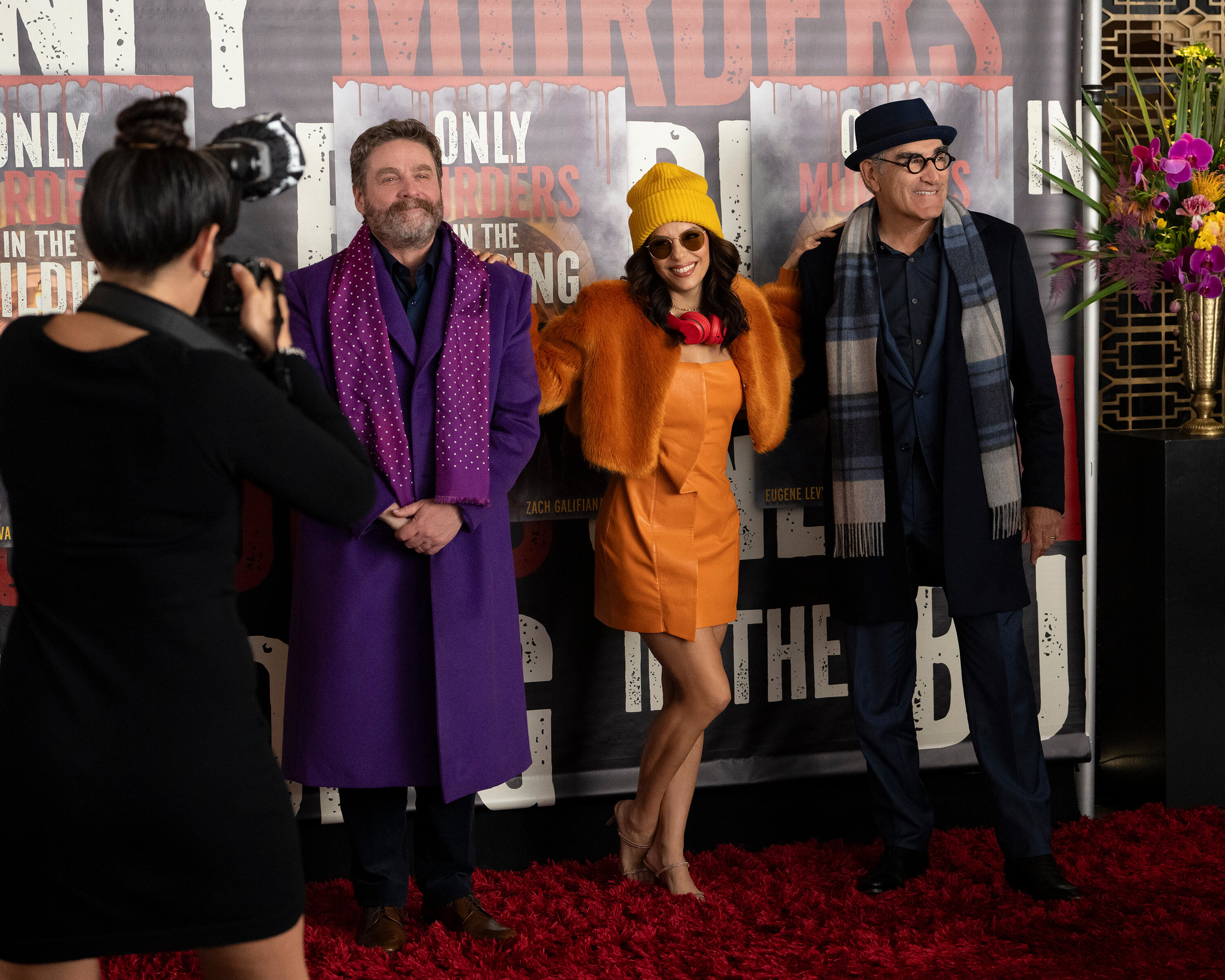 The actors playing the trio pose for photos at the red carpet event for 'Only Murders in the Building.'