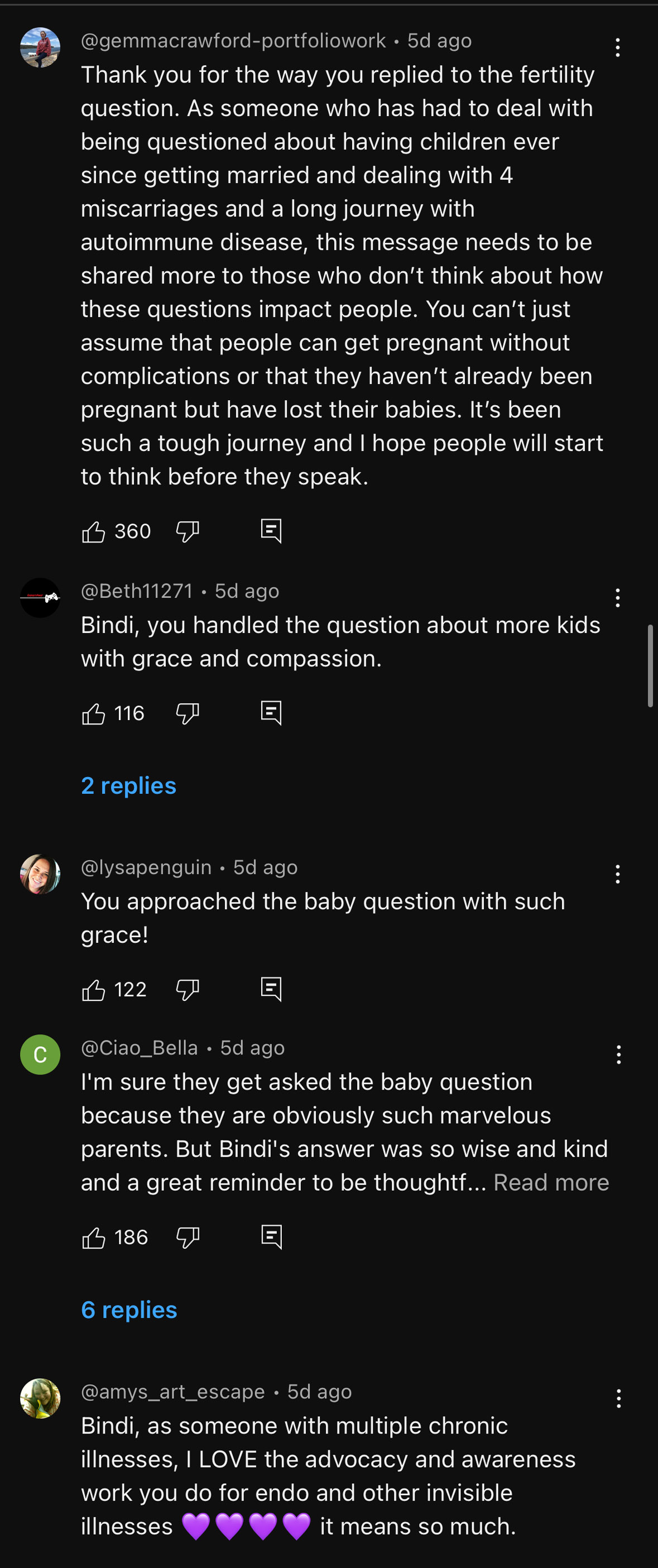 Youtube users thank Bindi Irwin for her compassionate response to fertility questions, praising her grace and kindness