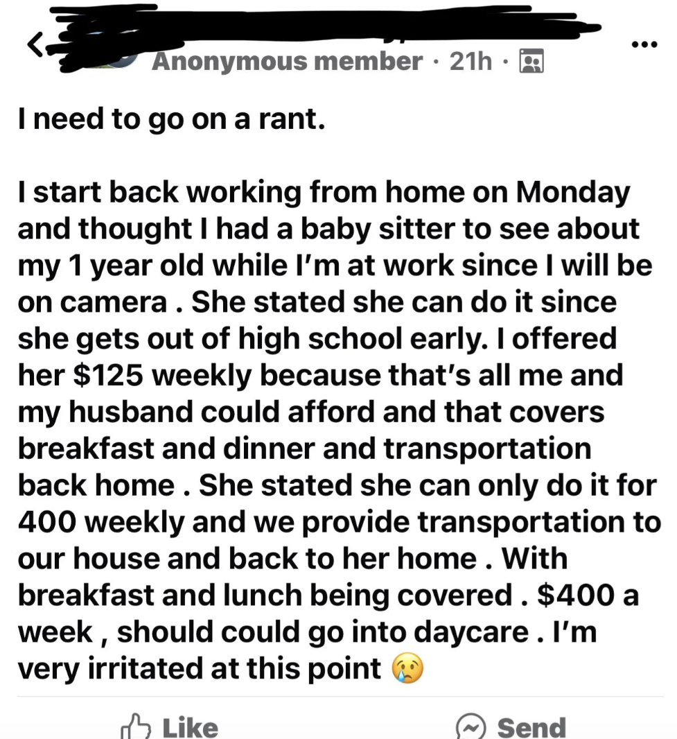 A Facebook post from an anonymous member venting frustration over high child care costs, comparing babysitting versus working from home expenses
