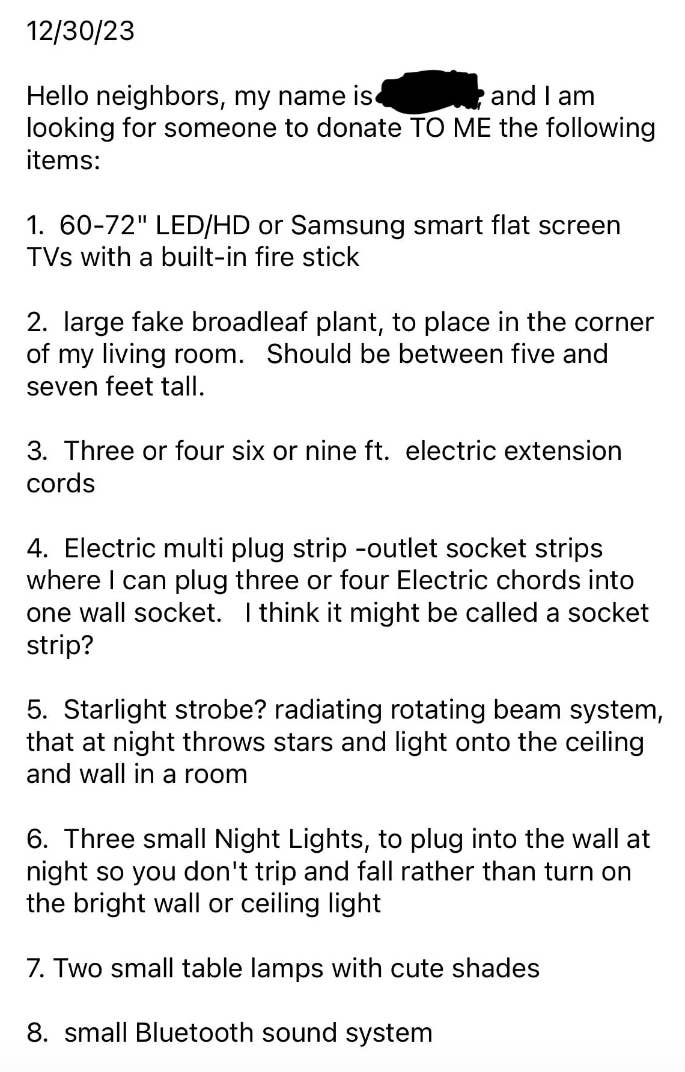 A person is asking neighbors for items including 60-72" smart TVs with built-in fire sticks, a large broadleaf plant, extension cords, multi-plug strips, starlight strobes, Night Lights, table lamps, and a small Bluetooth sound system