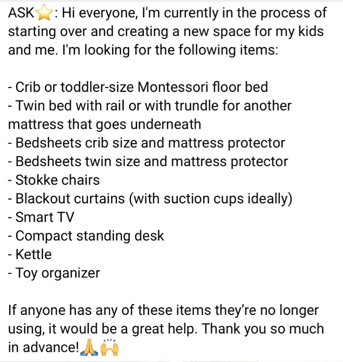 Request for items including crib, twin bed with rail or trundle, mattress, bedsheets, Stokke chairs, blackout curtains, smart TV, compact standing desk, kettle, toy organizer