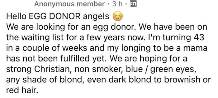 Social media post seeking an egg donor. The author is 43, longing to be a mother, and specifies criteria for the donor, including Christian faith, non-smoker, and certain physical traits