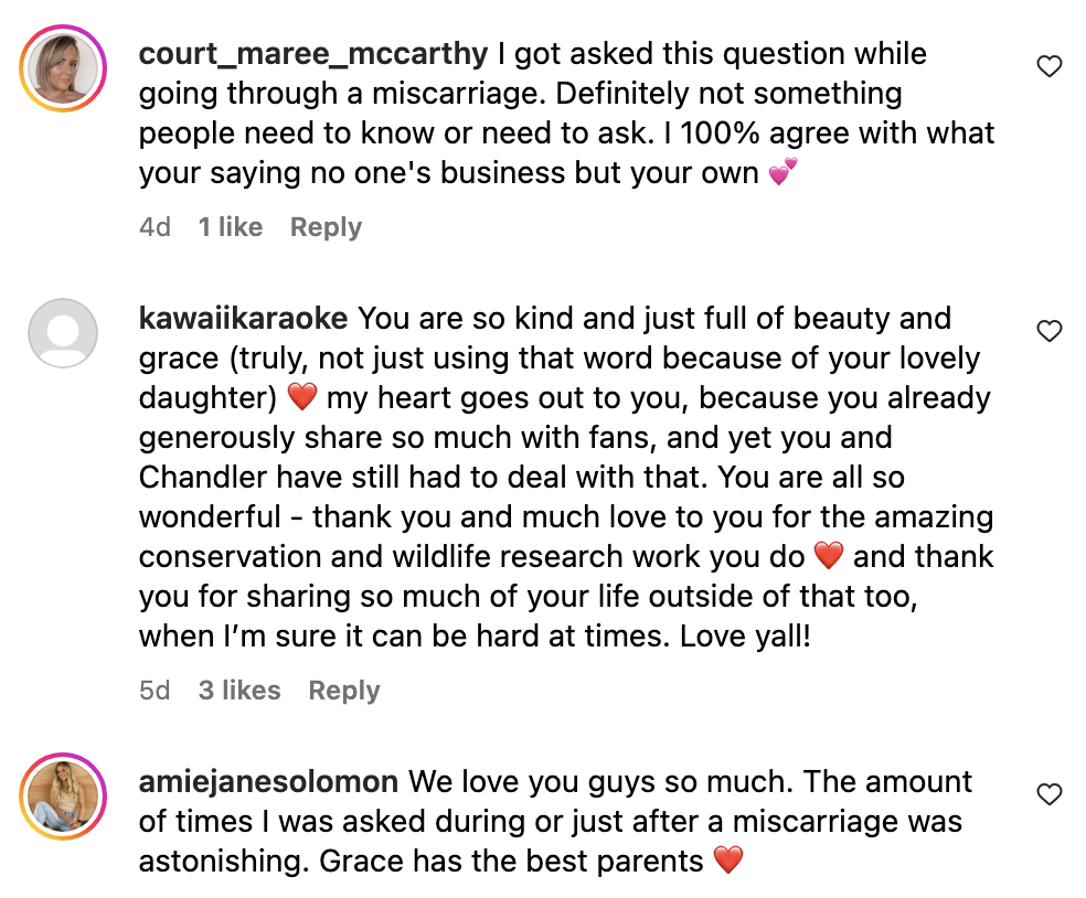 Court Maree McCarthy, Kawaii Karaoke, and Amie Jane Solomon comment on a post about miscarriage, offering support and expressing admiration for Grace and Chandler
