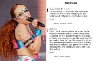 Chappell Roan performing on stage in a star-themed outfit. They apologized for canceling shows in an Instagram comment screenshot, which received mixed reactions from fans