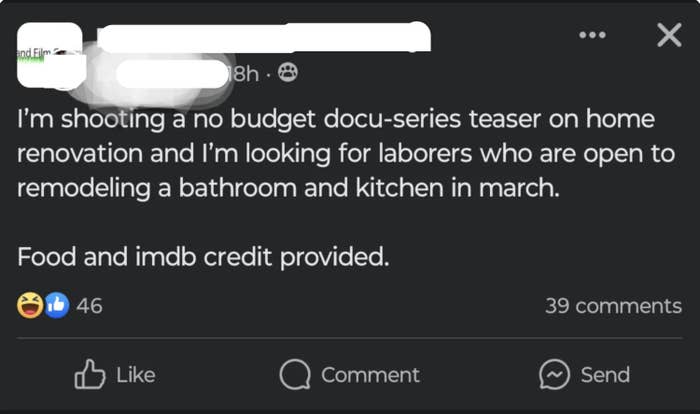 A post in the Portland Film Community seeking laborers for a no-budget docu-series teaser on home renovation, specifically for a bathroom and kitchen in March. Food and IMDb credit provided