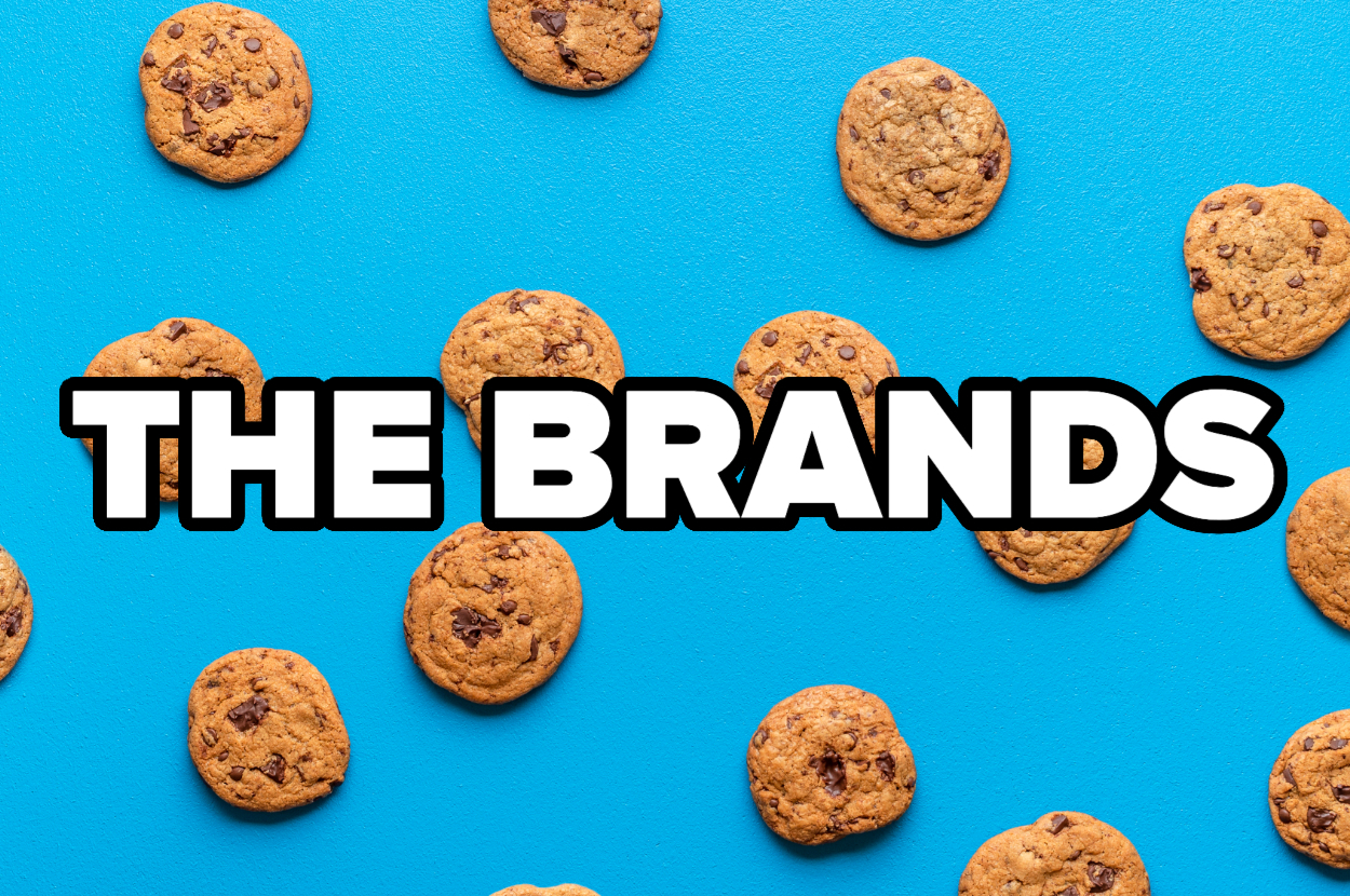 Text reads: "THE BRANDS" on a blue background with scattered cookies around it