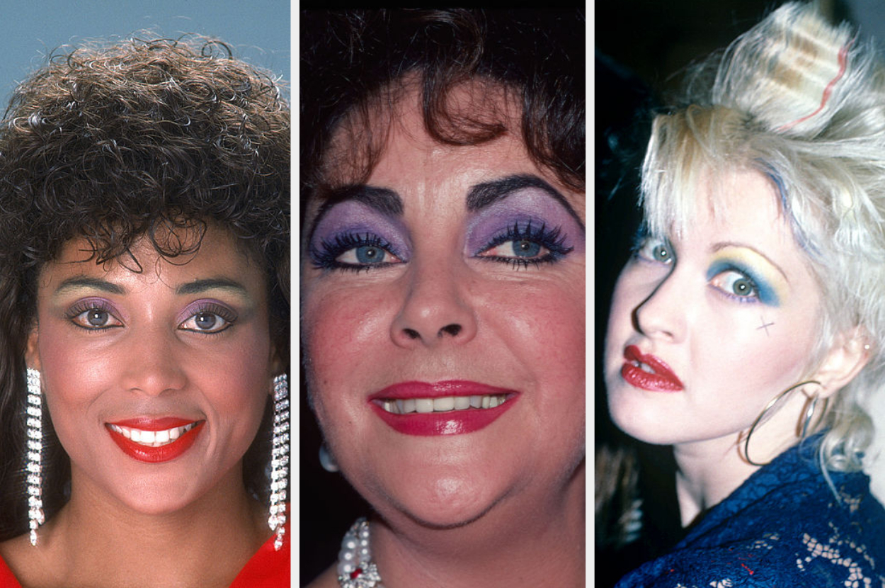 From left to right: Janet Jackson, Elizabeth Taylor, and Cyndi Lauper showing bold makeup styles