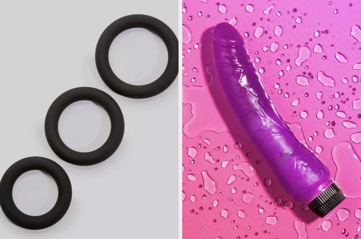 Three black silicone rings are shown on the left. On the right, a purple textured vibrator is laid flat on a water-speckled surface