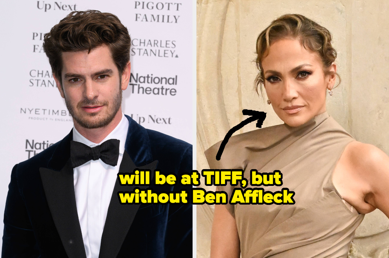 Andrew Garfield in a tuxedo on the left and Jennifer Lopez in a dress on the right, with text indicating Jennifer Lopez will attend TIFF without Ben Affleck