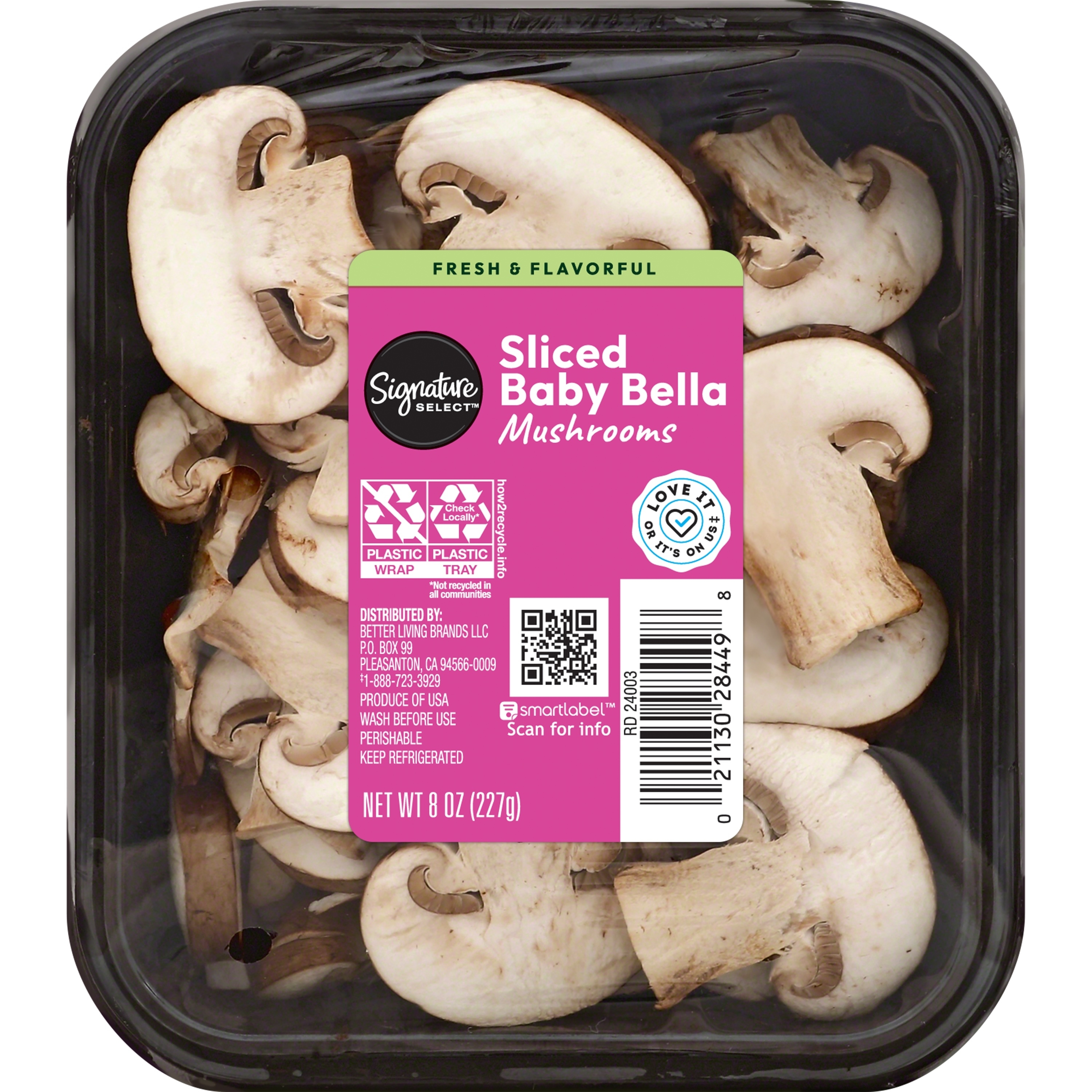 Package of Signature Select Sliced Baby Bella Mushrooms.
