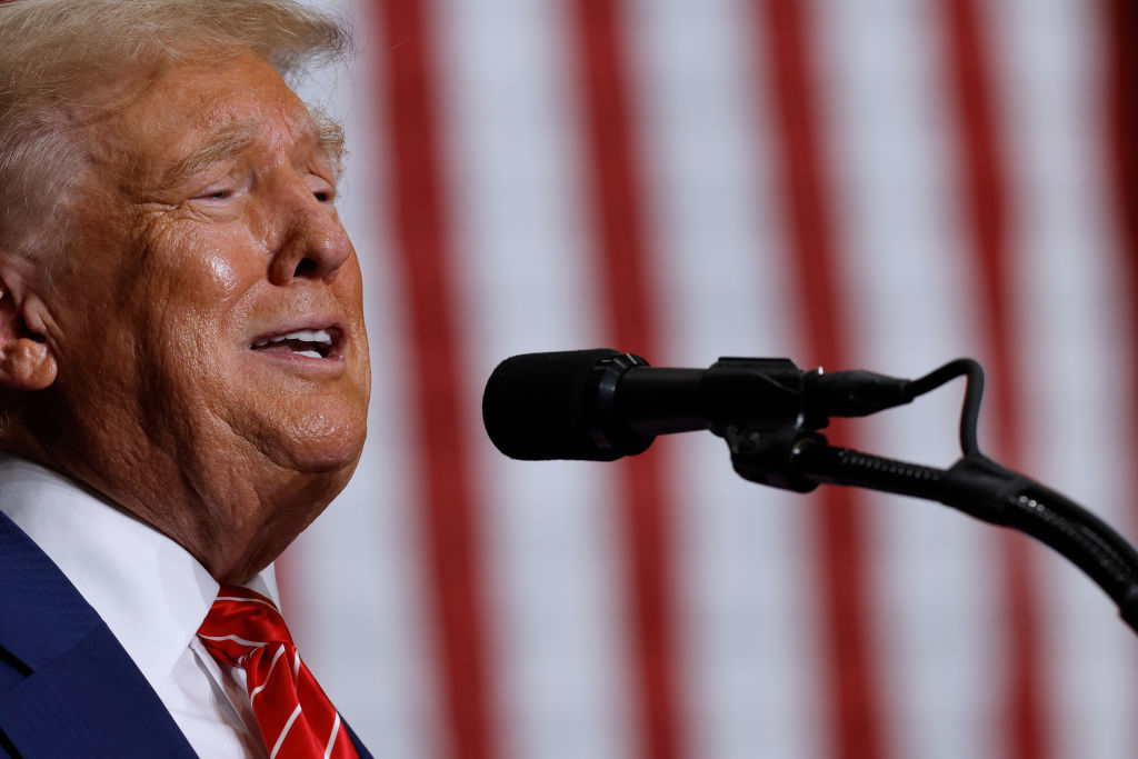 Donald Trump speaking into a microphone in front of an American flag backdrop