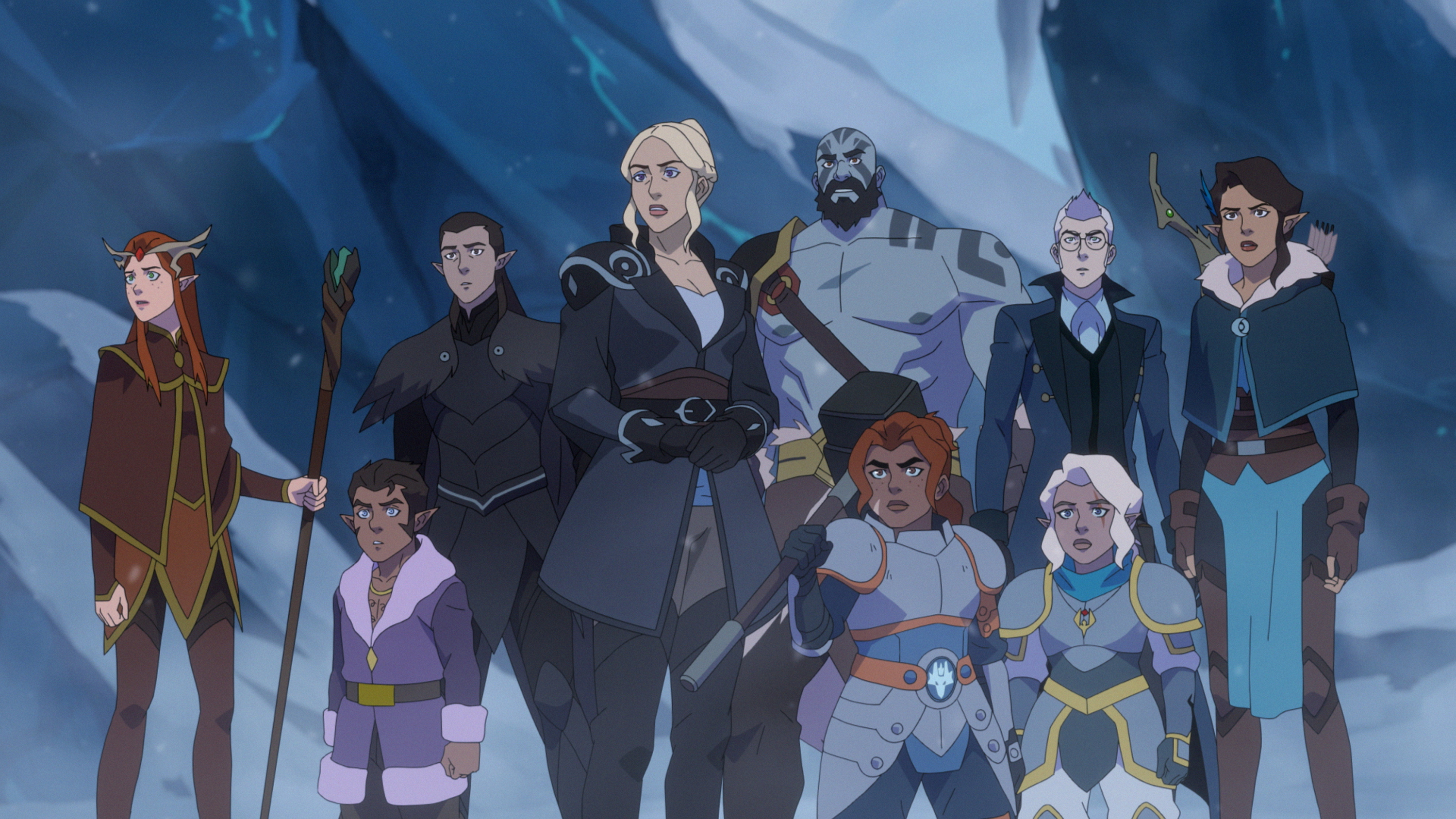 Vex'ahlia, Vax'ildan, Scanlan, Pike, Grog, Keyleth, Percival, Vex's owl Trinket, and Cassandra from "The Legend of Vox Machina" stand together in a snowy environment