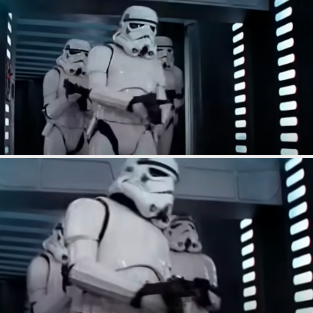 Stormtroopers from Star Wars, in white armor, are shown in two scenes walking through a futuristic hallway