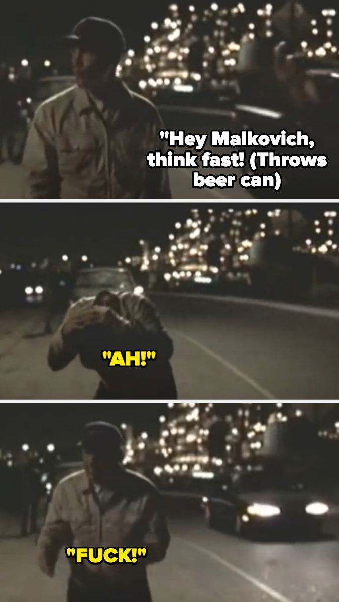Three-panel image shows a person throwing a beer can at John Malkovich, making him react with shock and anger. Text overlays describe the actions and reactions