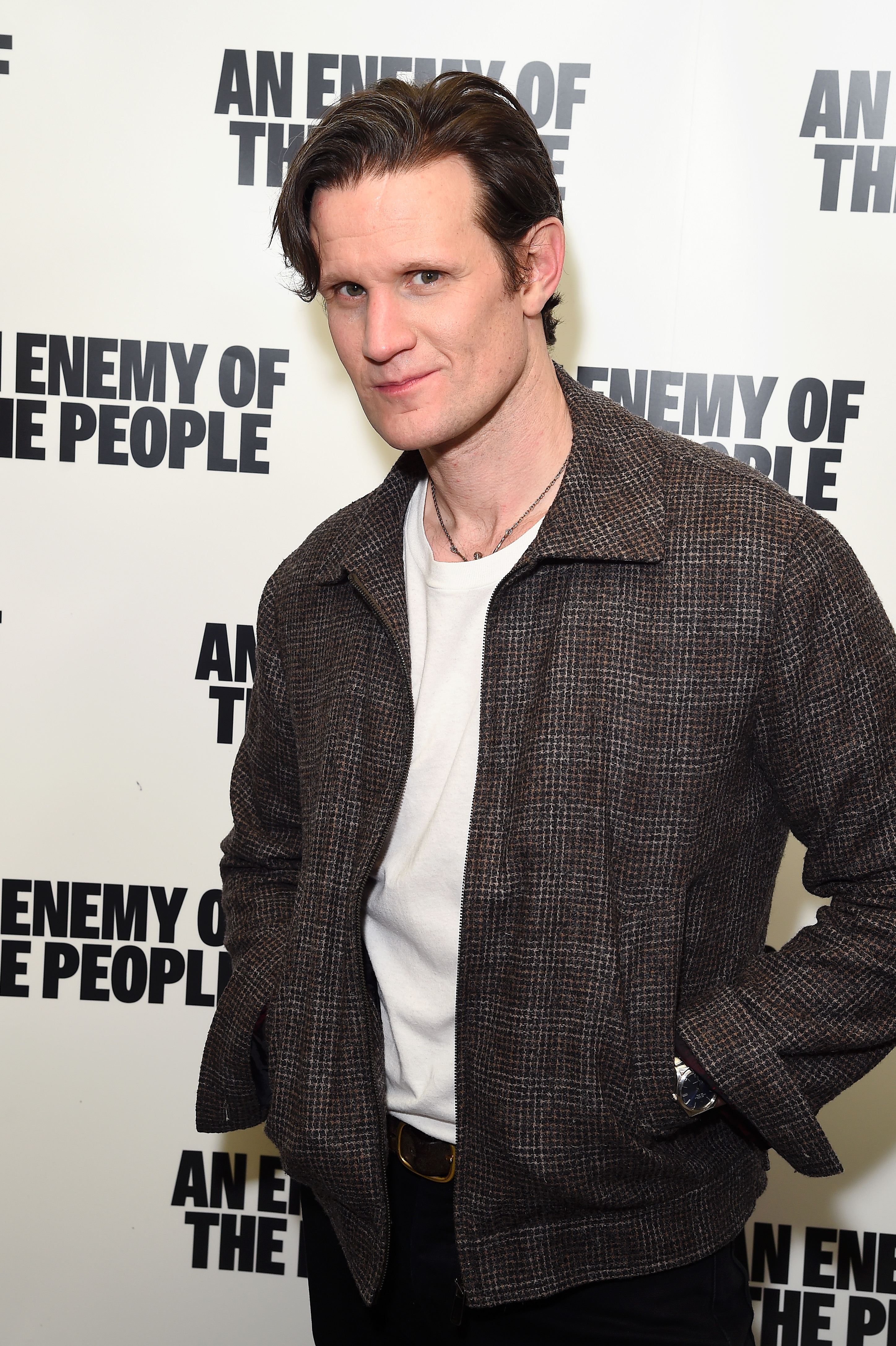 Matt Smith at "An Enemy of the People" event, wearing a checkered jacket over a t-shirt